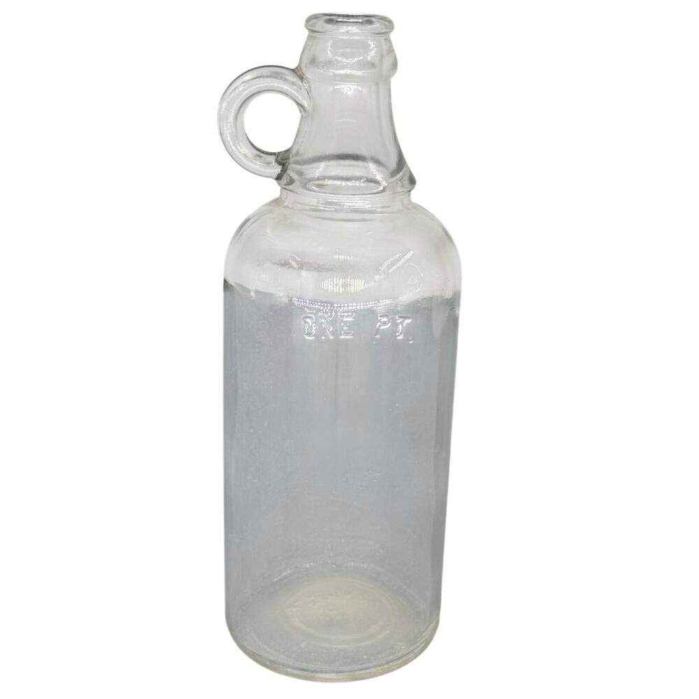 Vintage Clear Glass One Pint Jug Bottle Embossed ONE PT Finger Loop Handle